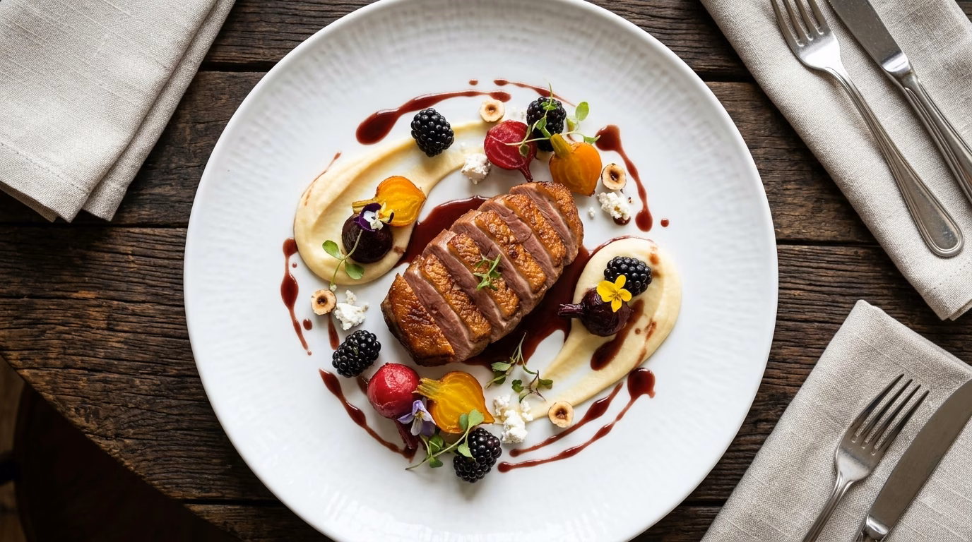 Magret de canard dressé à l'assiette, photographie culinaire réalisée par Julian Espin pour un restaurant