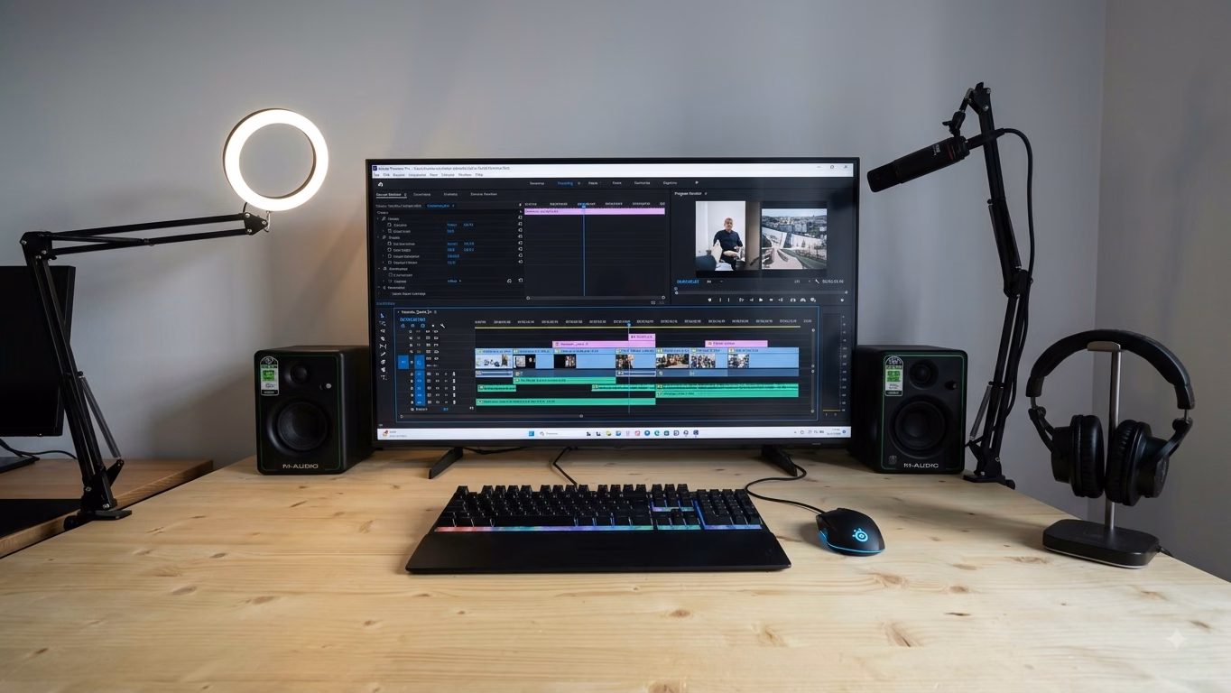 Station de montage de Julian Espin : timeline vidéo, enceintes de monitoring, micro et éclairage